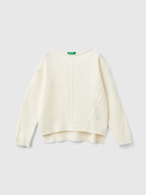 Benetton, Cable Knit Sweater In Wool Blend, size S, Creamy White, Kids United Colors of Benetton