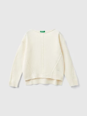 Benetton, Cable Knit Sweater In Wool Blend, size S, Creamy White, Kids United Colors of Benetton