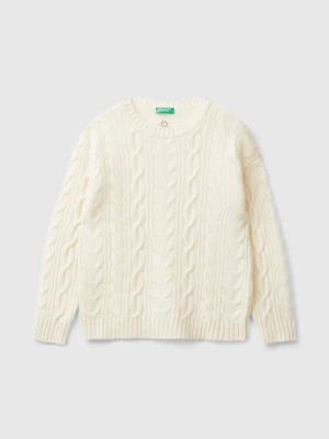 Benetton, Cable Knit Sweater In Wool Blend, size XL, Creamy White, Kids United Colors of Benetton