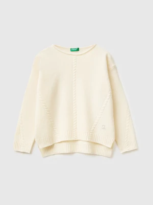 Benetton, Cable Knit Sweater In Wool Blend, Size: XL, Creamy White, Kids United Colors of Benetton