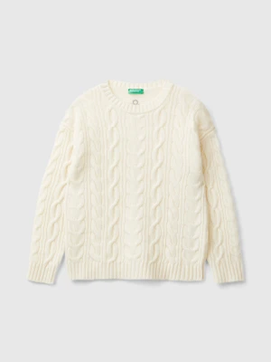 Benetton, Cable Knit Sweater In Wool Blend, Size: XL, Creamy White, Kids United Colors of Benetton