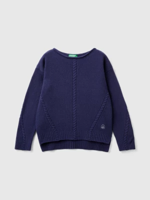 Benetton, Cable Knit Sweater In Wool Blend, size XL, Dark Blue, Kids United Colors of Benetton