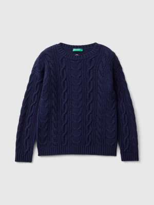 Benetton, Cable Knit Sweater In Wool Blend, size XL, Dark Blue, Kids United Colors of Benetton