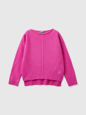 Benetton, Cable Knit Sweater In Wool Blend, size XL, Fuchsia, Kids United Colors of Benetton