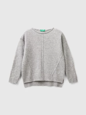 Benetton, Cable Knit Sweater In Wool Blend, size XL, Light Gray, Kids United Colors of Benetton
