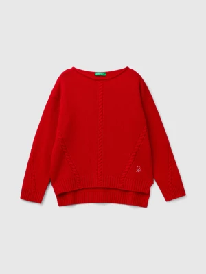 Benetton, Cable Knit Sweater In Wool Blend, size XL, Red, Kids United Colors of Benetton