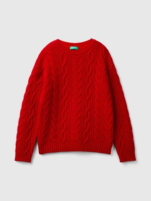 Benetton, Cable Knit Sweater In Wool Blend, size XL, Red, Kids United Colors of Benetton