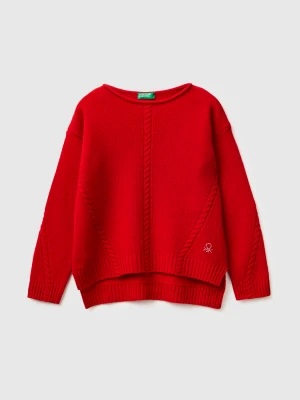Benetton, Cable Knit Sweater In Wool Blend, Size: XL, Red, Kids United Colors of Benetton