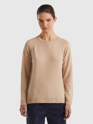 Benetton, Camel Crew Neck Sweater In Cashmere And Wool Blend, size L, Beige, Women United Colors of Benetton