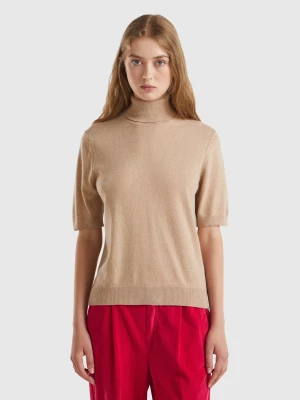 Benetton, Camel Short Sleeve Turtleneck In Cashmere Blend, size L, Beige, Women United Colors of Benetton