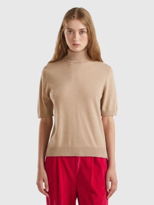 Benetton, Camel Short Sleeve Turtleneck In Cashmere Blend, size XL, Beige, Women United Colors of Benetton