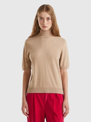 Benetton, Camel Short Sleeve Turtleneck In Cashmere Blend, size XL, Beige, Women United Colors of Benetton