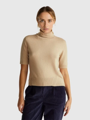 Benetton, Camel Short Sleeve Turtleneck In Cashmere Blend, Size: XXS, Beige, Women United Colors of Benetton