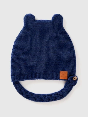 Benetton, Cap With Ear Applique In Recycled Wool Blend, size 50-56, Dark Blue, Kids United Colors of Benetton