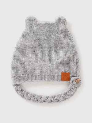 Benetton, Cap With Ear Applique In Recycled Wool Blend, size 50-56, Light Gray, Kids United Colors of Benetton