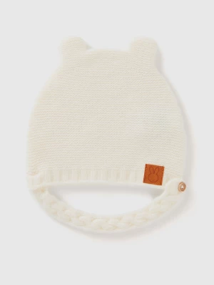 Benetton, Cap With Ear Applique In Recycled Wool Blend, size 74-82, Creamy White, Kids United Colors of Benetton