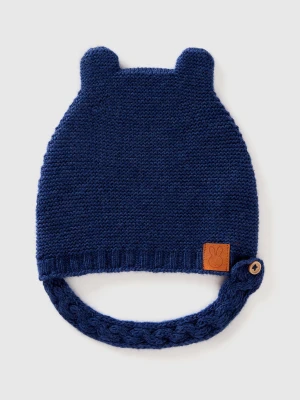 Benetton, Cap With Ear Applique In Recycled Wool Blend, size 74-82, Dark Blue, Kids United Colors of Benetton