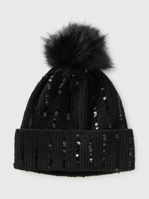 Benetton, Cap With Pom Pom And Sequins, Size: XL-3XL, Black, Kids United Colors of Benetton