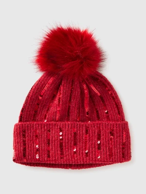 Benetton, Cap With Pom Pom And Sequins, Size: S-L, Red, Kids United Colors of Benetton