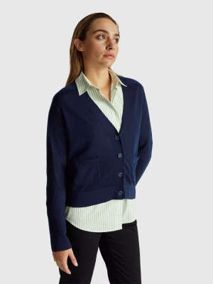 Benetton, Cardigan In Pure Merino Wool, Size: XXS, Dark Blue, Women United Colors of Benetton