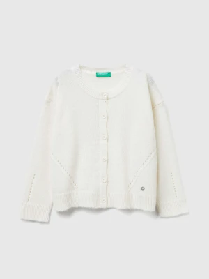 Benetton, Cardigan In Wool Blend With Perforated Detailing, Size: 116, Creamy White, Kids United Colors of Benetton