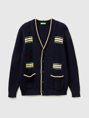 Benetton, Cardigan With Braids And Stripes, Size: XL, Dark Blue, Men United Colors of Benetton
