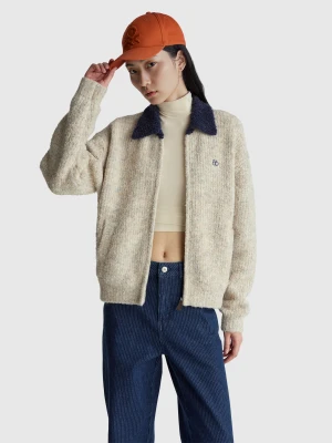 Benetton, Cardigan With Collar And Zipper, Size: OS, Creamy White, Women United Colors of Benetton