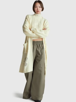 Benetton, Cardigan With Floral Inlay, Size: XS, Creamy White, Women United Colors of Benetton