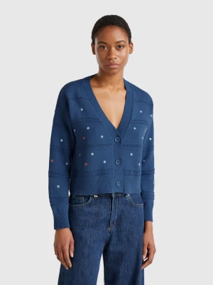 Benetton, Cardigan With Flower Embroidery, size M, Air Force Blue, Women United Colors of Benetton