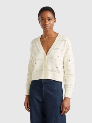 Benetton, Cardigan With Flower Embroidery, size XXS, Creamy White, Women United Colors of Benetton