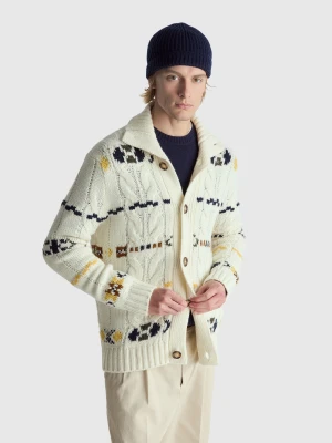 Benetton, Cardigan With Geometric Jacquard Pattern, Size: XS, Creamy White, Men United Colors of Benetton