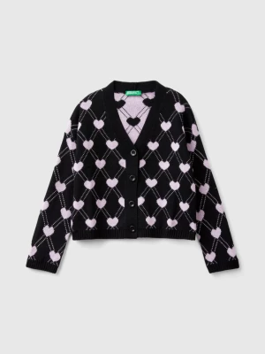 Benetton, Cardigan With Heart Motif, size 2XL, Black, Kids United Colors of Benetton