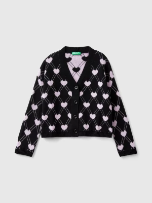 Benetton, Cardigan With Heart Motif, size 3XL, Black, Kids United Colors of Benetton