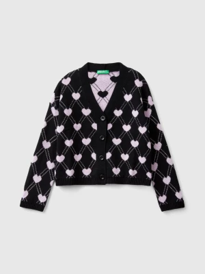 Benetton, Cardigan With Heart Motif, size M, Black, Kids United Colors of Benetton