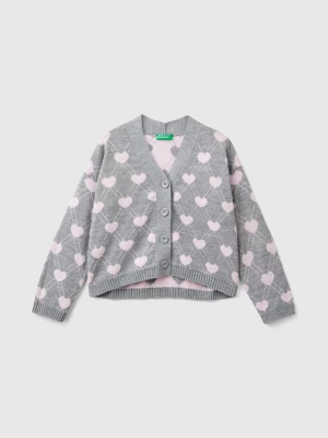 Benetton, Cardigan With Heart Motif, size XL, Light Gray, Kids United Colors of Benetton