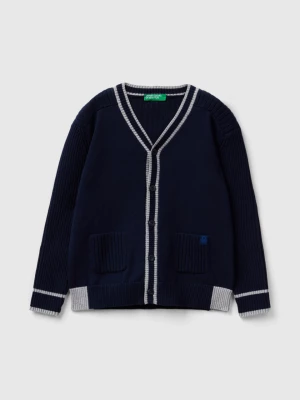 Benetton, Cardigan With Pockets In Tricot Cotton, size 104, Dark Blue, Kids United Colors of Benetton