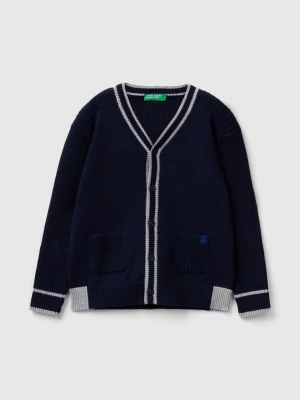 Benetton, Cardigan With Pockets In Tricot Cotton, size 110, Dark Blue, Kids United Colors of Benetton