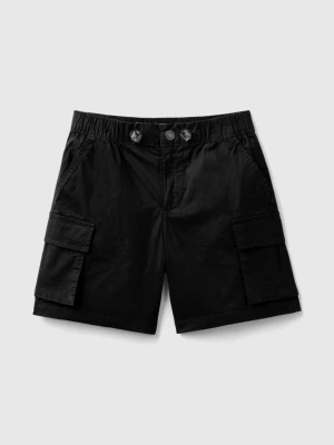 Benetton, Cargo Bermuda Shorts In Stretch Cotton, size M, Black, Kids United Colors of Benetton