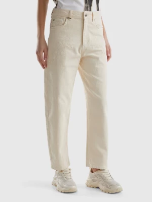 Benetton, Carrot Fit Trousers With Floral Embroidery, size 25, Creamy White, Women United Colors of Benetton