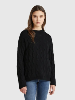 Benetton, Cashmere Blend Sweater With Cable Knit, size XS, Black, Women United Colors of Benetton