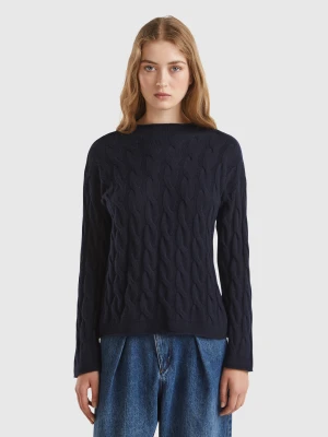 Benetton, Cashmere Blend Sweater With Cable Knit, size XS, Dark Blue, Women United Colors of Benetton