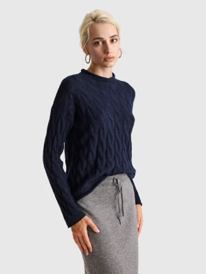 Benetton, Cashmere Blend Sweater With Cable Knit, Size: XS, Dark Blue, Women United Colors of Benetton