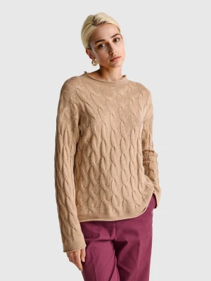 Benetton, Cashmere Blend Sweater With Cable Knit, Size: XXS, Beige, Women United Colors of Benetton