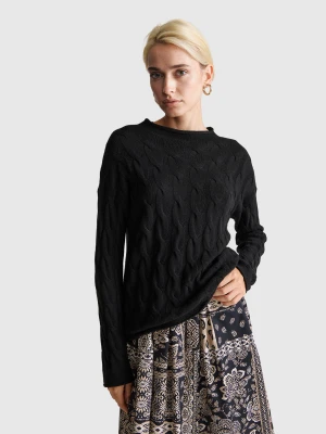 Benetton, Cashmere Blend Sweater With Cable Knit, Size: XXS, Black, Women United Colors of Benetton