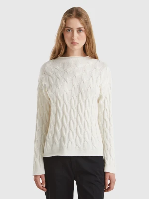 Benetton, Cashmere Blend Sweater With Cable Knit, Size: XXS, Creamy White, Women United Colors of Benetton