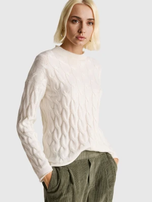 Benetton, Cashmere Blend Sweater With Cable Knit, Size: XXS, Creamy White, Women United Colors of Benetton