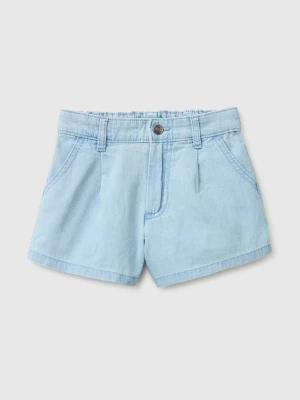Benetton, Chambray Shorts With Pleats, Light Blue, Kids United Colors Of Benetton