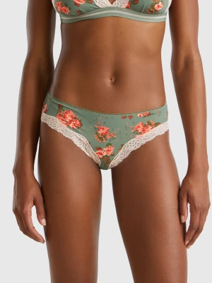 Benetton, Charmeuse Briefs With Floral Print, size L, Light Green, Women United Colors of Benetton