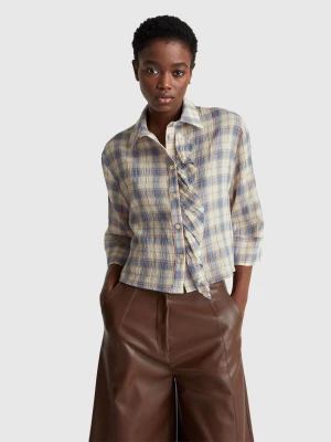 Benetton, Check Shirt With Rouches, Size: XS, Light Blue, Women United Colors of Benetton