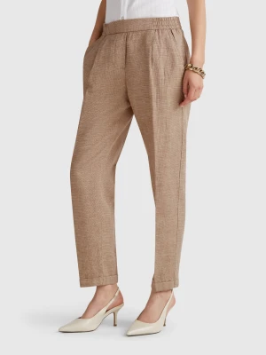 Benetton, Check Trousers In Pure Linen, size L, Brown, Women United Colors of Benetton